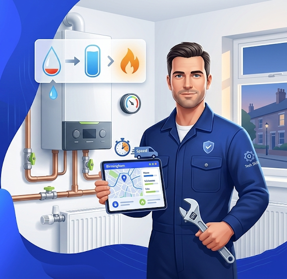 Professional emergency plumber with boiler system